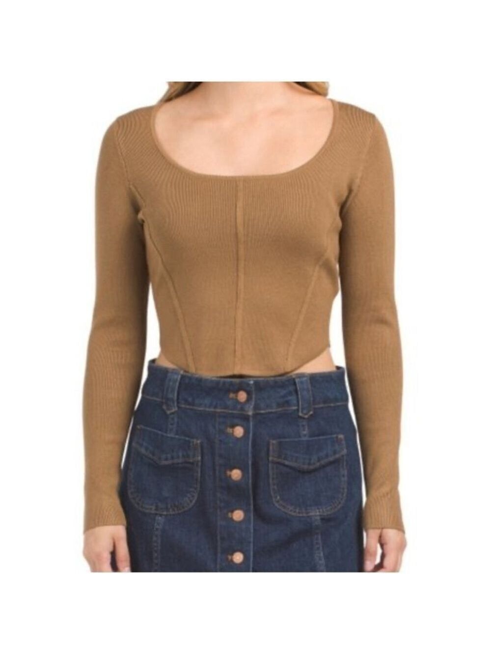 House OF HARLOW 1960 Camel Brown Long Sleeve Crop Knit Corset Top Sz L